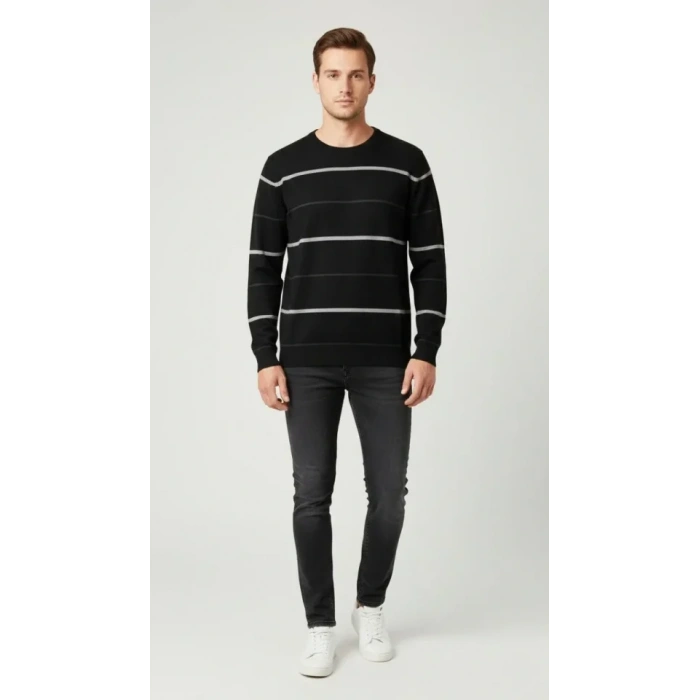 Erkek Bisiklet Yaka Cizgili Triko Kazak Yumuşak Dokulu Pamuklu Ince Dokuma, Uzun Kollu Rahat Regular Kalıp - Siyah