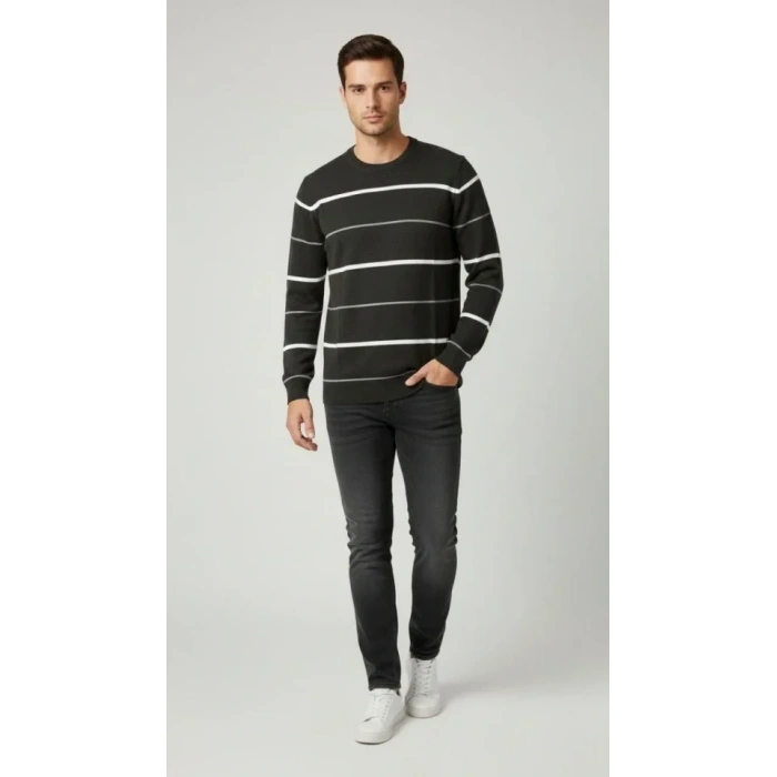 Erkek Bisiklet Yaka Cizgili Triko Kazak Yumuşak Dokulu Pamuklu Ince Dokuma, Uzun Kollu Rahat Regular Kalıp - Füme