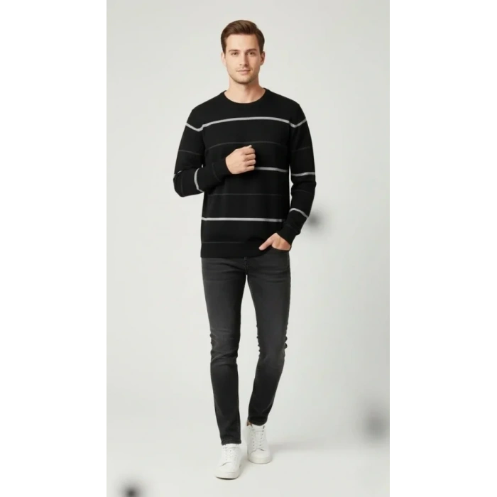 Erkek Bisiklet Yaka Cizgili Triko Kazak Yumuşak Dokulu Pamuklu Ince Dokuma, Uzun Kollu Rahat Regular Kalıp - Siyah