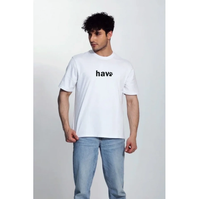 Erkek Bisiklet Yaka Kısa Kol Hav Baskılı T-shirt - Beyaz