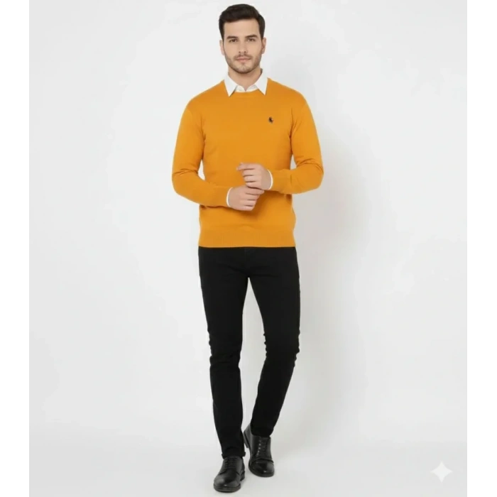 Erkek Bisiklet Yaka Nakış Işlemeli Triko Kazak Yumuşak Dokulu Pamuklu Ince Dokuma, Uzun Kollu Rahat Regular Kalıp - Turuncu