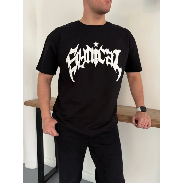 Erkek Bisiklet Yaka Ön Baskılı  Kısa Kollu Tişört Streetwear Günlük Basic Pamuklu T-shirt - Siyah