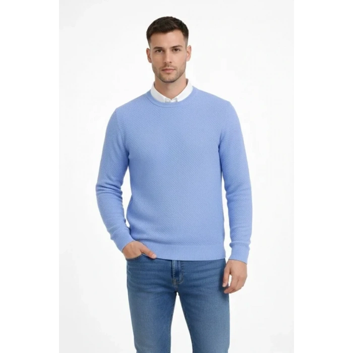 Erkek Bisiklet Yaka Petekli Dokulu Triko Kazak Pamuklu Ince Dokuma, Uzun Kollu Rahat Regular Kalıp - Mavi