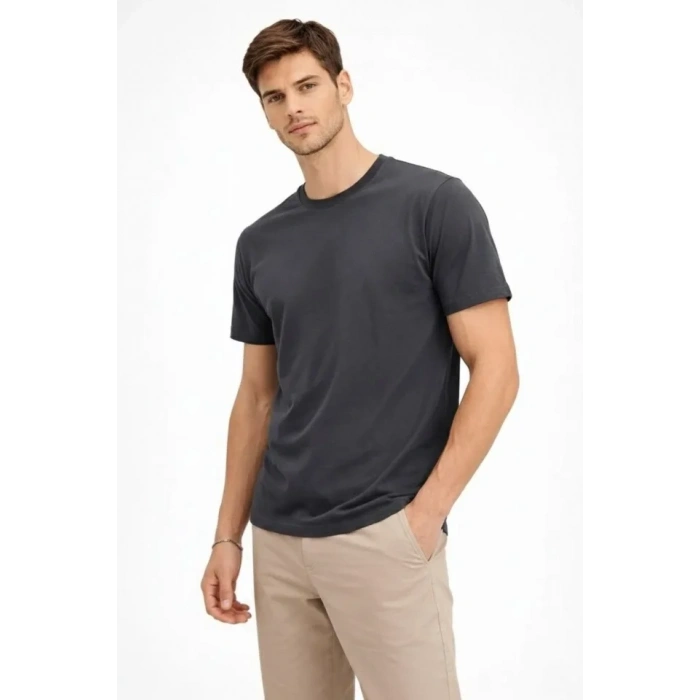 Erkek Bisiklet Yaka Tişört Regular Kalıp Basic Pamuklu Günlük Kullanım T-shirt - Füme