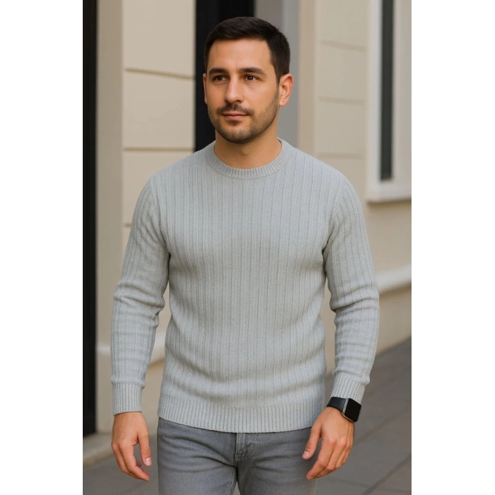 Erkek Bisiklet Yuvarlak Yaka Triko Kazak Pamuklu Kalın Fitilli Dokuma, Regular Fit Uzun Kollu Kışlık Model - Gri