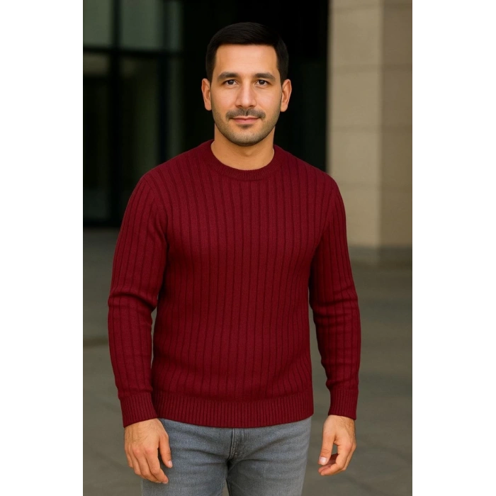 Erkek Bisiklet Yuvarlak Yaka Triko Kazak Pamuklu Kalın Fitilli Dokuma, Regular Fit Uzun Kollu Kışlık Model - Bordo
