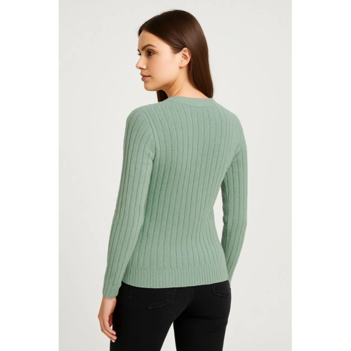 Erkek Bisiklet Yuvarlak Yaka Triko Kazak Pamuklu Kalın Fitilli Dokuma, Regular Fit Uzun Kollu Kışlık Model - Mint Yeşili