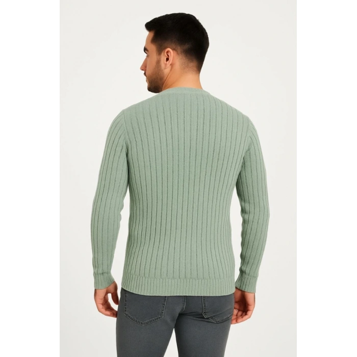 Erkek Bisiklet Yuvarlak Yaka Triko Kazak Pamuklu Kalın Fitilli Dokuma, Regular Fit Uzun Kollu Kışlık Model - Mint Yeşili