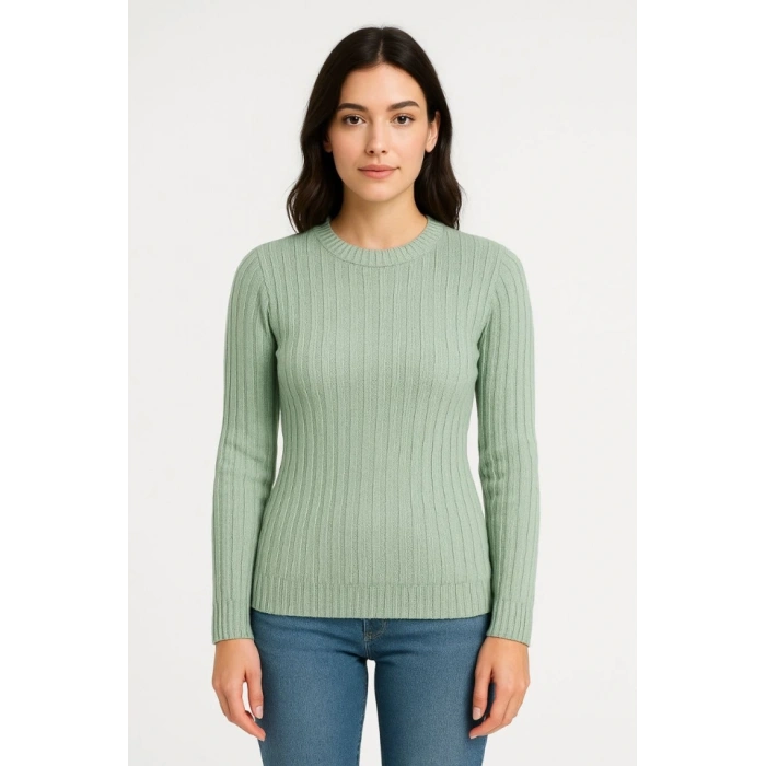 Erkek Bisiklet Yuvarlak Yaka Triko Kazak Pamuklu Kalın Fitilli Dokuma, Regular Fit Uzun Kollu Kışlık Model - Mint Yeşili