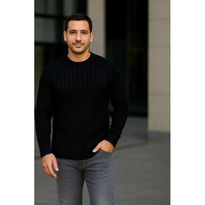 Erkek Bisiklet Yuvarlak Yaka Triko Kazak Pamuklu Kalın Fitilli Dokuma, Regular Fit Uzun Kollu Kışlık Model - Siyah