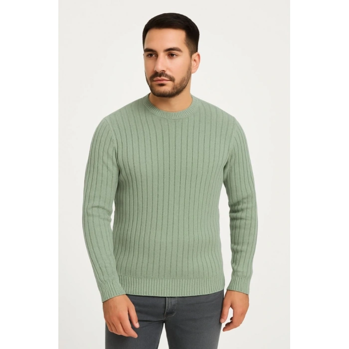 Erkek Bisiklet Yuvarlak Yaka Triko Kazak Pamuklu Kalın Fitilli Dokuma, Regular Fit Uzun Kollu Kışlık Model - Mint Yeşili