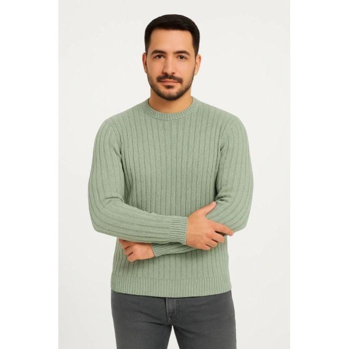 Erkek Bisiklet Yuvarlak Yaka Triko Kazak Pamuklu Kalın Fitilli Dokuma, Regular Fit Uzun Kollu Kışlık Model - Mint Yeşili