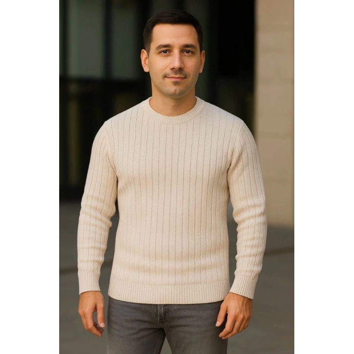 Erkek Bisiklet Yuvarlak Yaka Triko Kazak Pamuklu Kalın Fitilli Dokuma, Regular Fit Uzun Kollu Kışlık Model - Bej