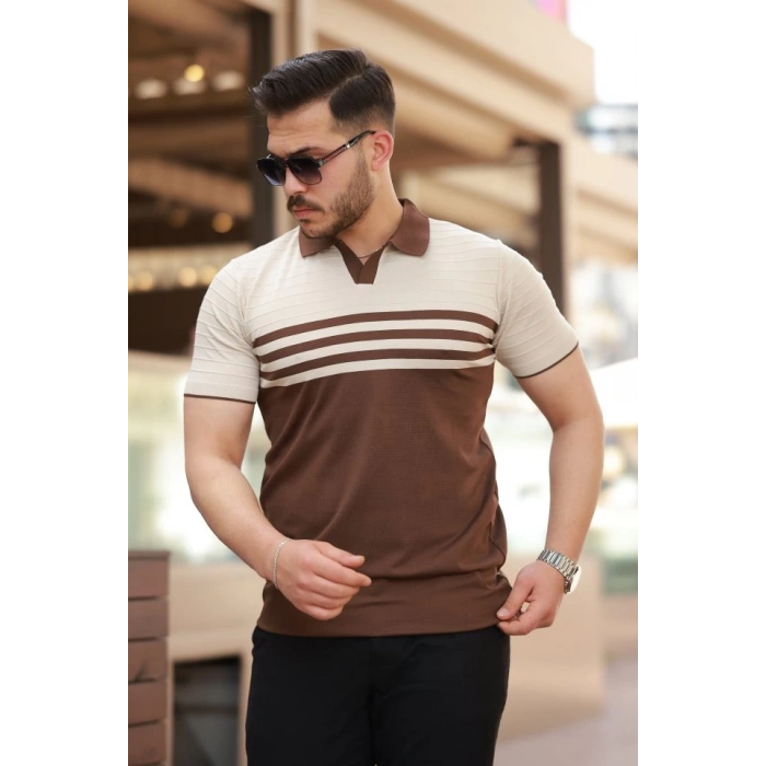 Erkek çizgi Desenli Yakalı Kısa Kollu T-shirt