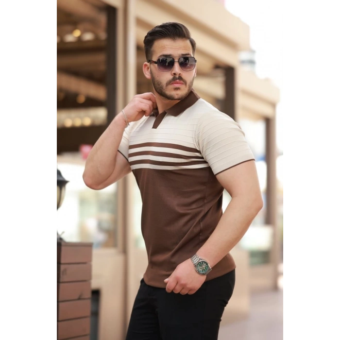 Erkek çizgi Desenli Yakalı Kısa Kollu T-shirt