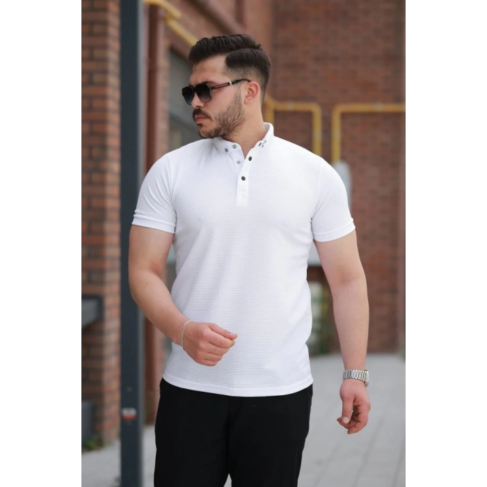 Erkek çizgi Dokulu çıtçıt Yakalı Kısa Kollu T-shirt