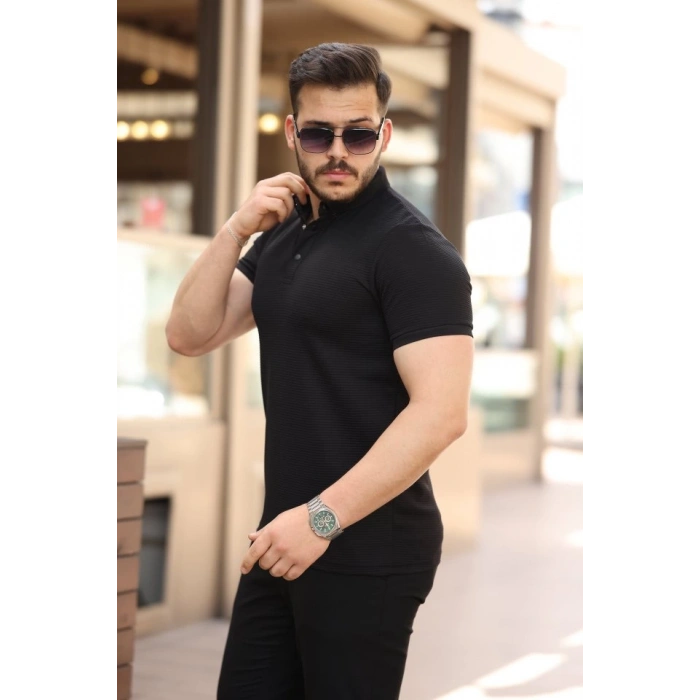 Erkek çizgi Dokulu çıtçıt Yakalı Kısa Kollu T-shirt