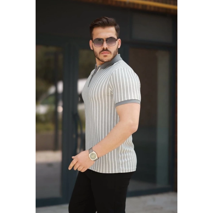 Erkek çizgili Fermuar Yakalı Kısa Kollu Tişört