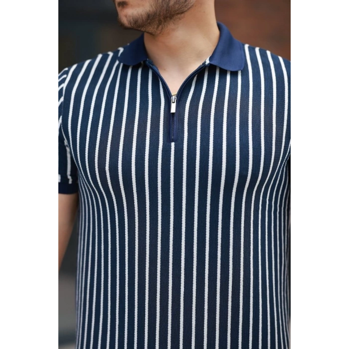 Erkek çizgili Fermuar Yakalı Kısa Kollu Tişört