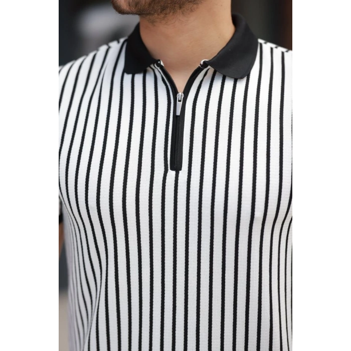 Erkek çizgili Fermuar Yakalı Kısa Kollu Tişört