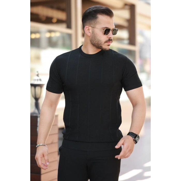 Erkek Desenli çizgi Kabartmalı Kısa Kollu Tişört