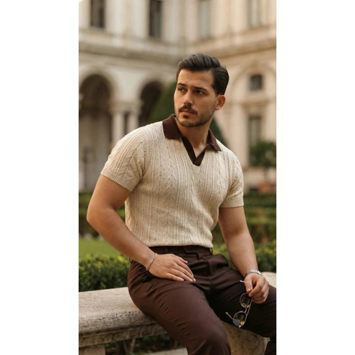 Erkek Desenli Kısa Kollu Triko Tişört - %100 Pamuk Akrilik