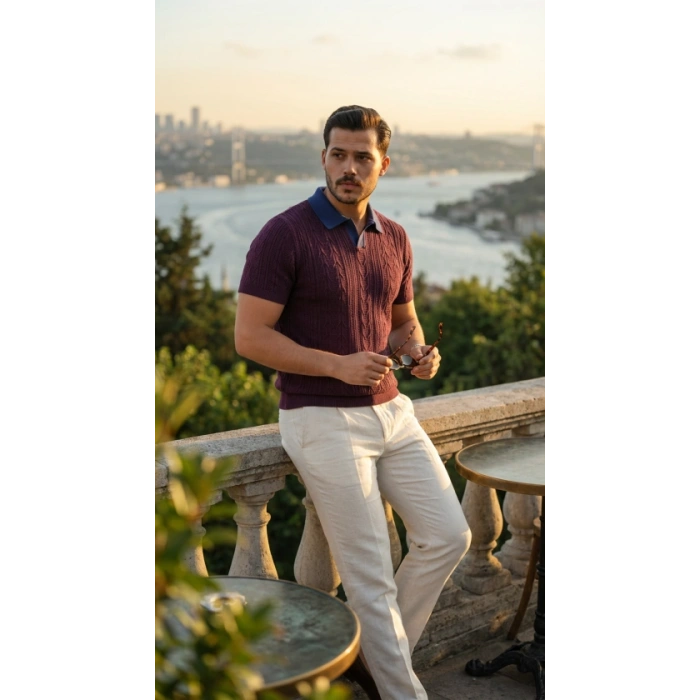 Erkek Desenli Kısa Kollu Triko Tişört - %100 Pamuk Akrilik