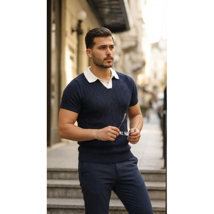 Erkek Desenli Kısa Kollu Triko Tişört - %100 Pamuk Akrilik