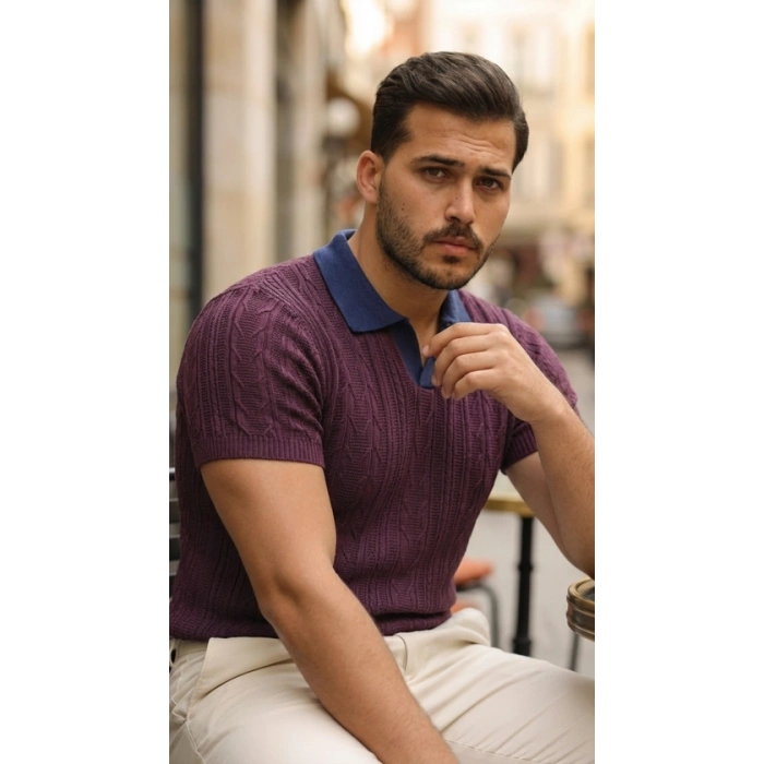 Erkek Desenli Kısa Kollu Triko Tişört - %100 Pamuk Akrilik