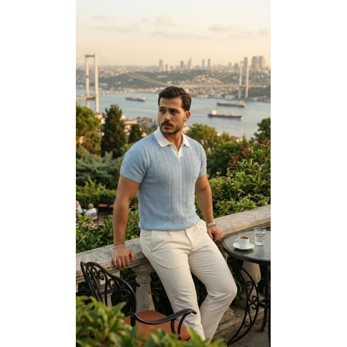 Erkek Desenli Kısa Kollu Triko Tişört - %100 Pamuk Akrilik