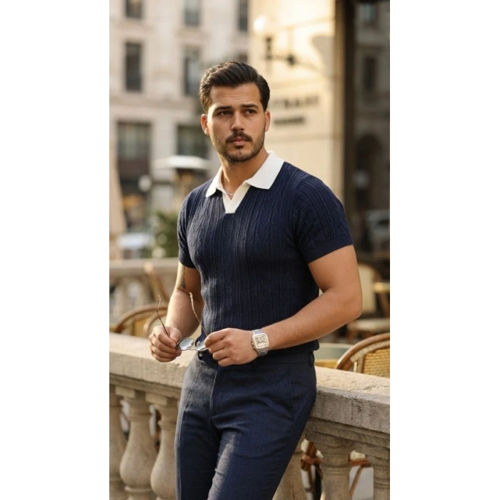 Erkek Desenli Kısa Kollu Triko Tişört - %100 Pamuk Akrilik