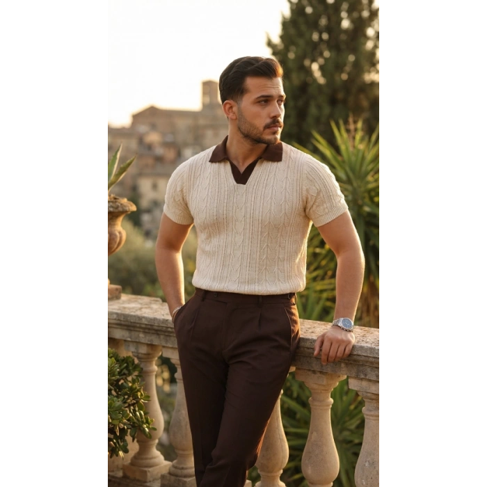 Erkek Desenli Kısa Kollu Triko Tişört - %100 Pamuk Akrilik