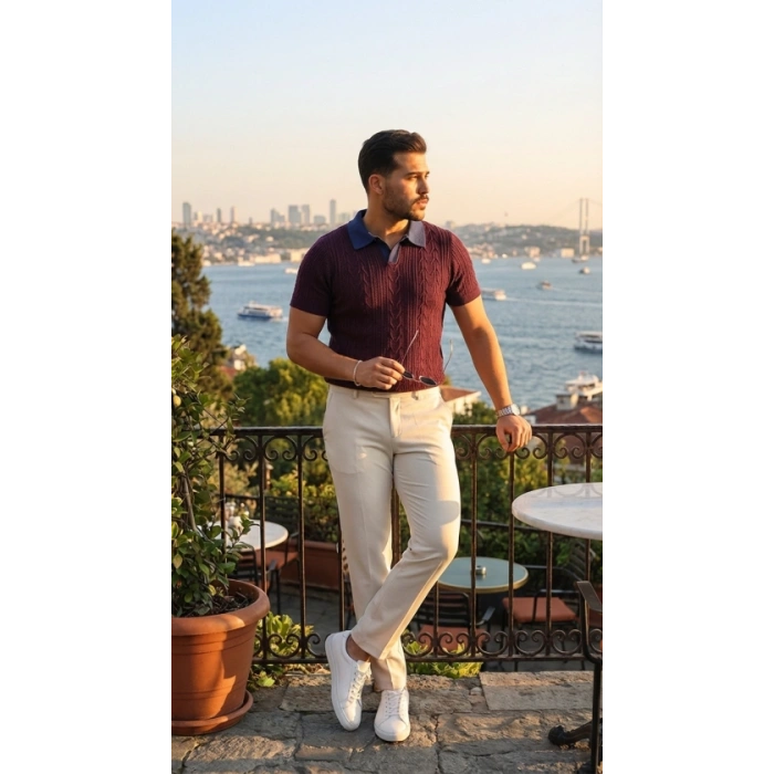 Erkek Desenli Kısa Kollu Triko Tişört - %100 Pamuk Akrilik