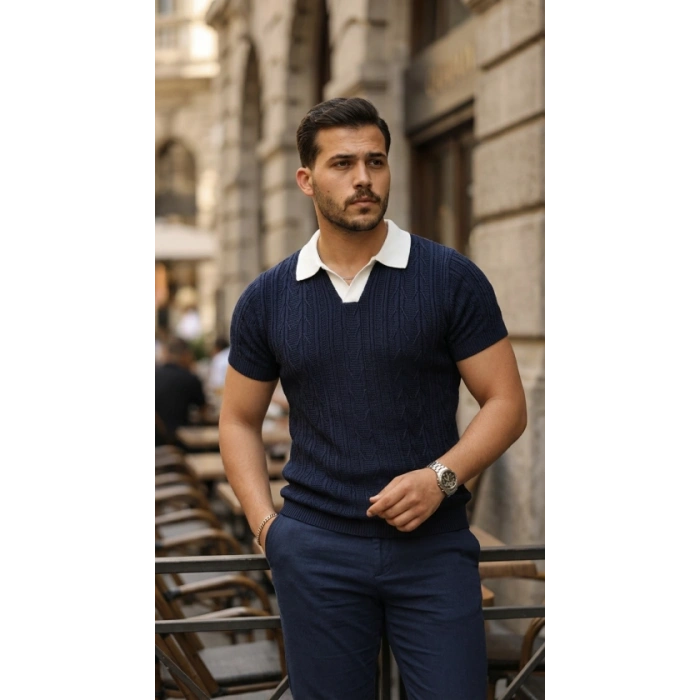 Erkek Desenli Kısa Kollu Triko Tişört - %100 Pamuk Akrilik