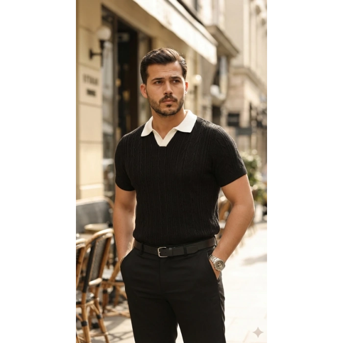 Erkek Desenli Kısa Kollu Triko Tişört - %100 Pamuk Akrilik