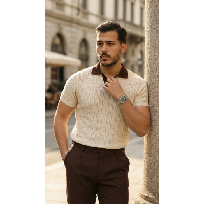 Erkek Desenli Kısa Kollu Triko Tişört - %100 Pamuk Akrilik