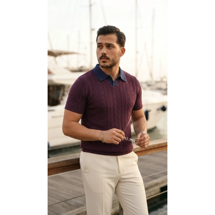 Erkek Desenli Kısa Kollu Triko Tişört - %100 Pamuk Akrilik