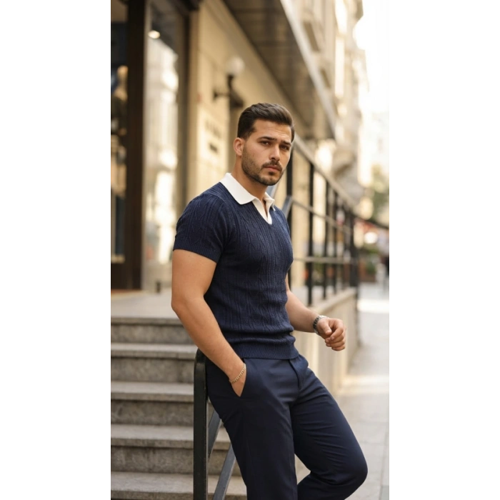 Erkek Desenli Kısa Kollu Triko Tişört - %100 Pamuk Akrilik