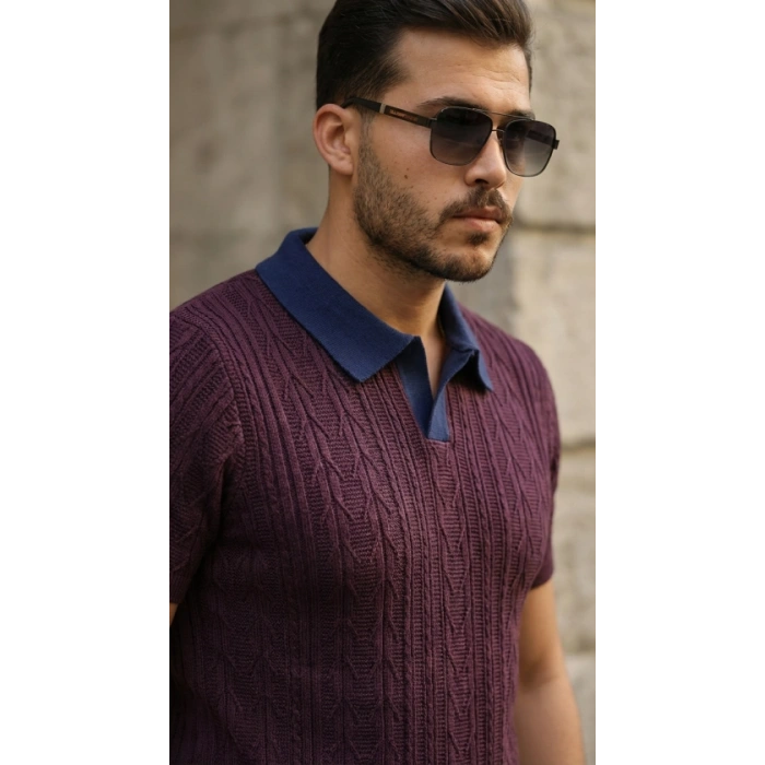 Erkek Desenli Kısa Kollu Triko Tişört - %100 Pamuk Akrilik