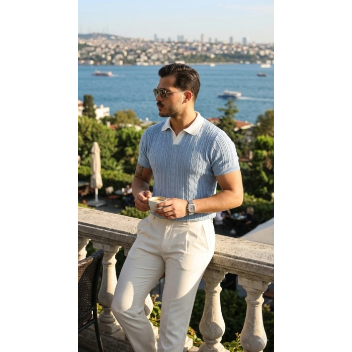 Erkek Desenli Kısa Kollu Triko Tişört - %100 Pamuk Akrilik