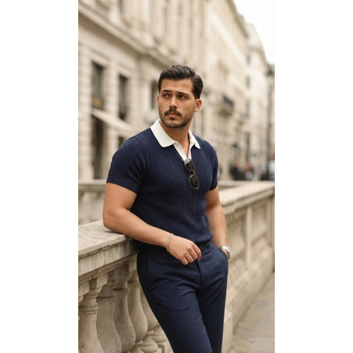 Erkek Desenli Kısa Kollu Triko Tişört - %100 Pamuk Akrilik