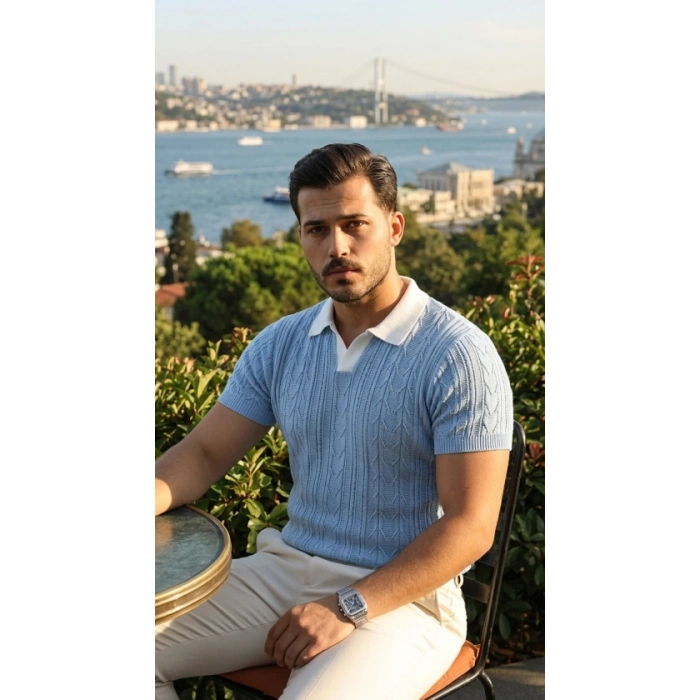 Erkek Desenli Kısa Kollu Triko Tişört - %100 Pamuk Akrilik