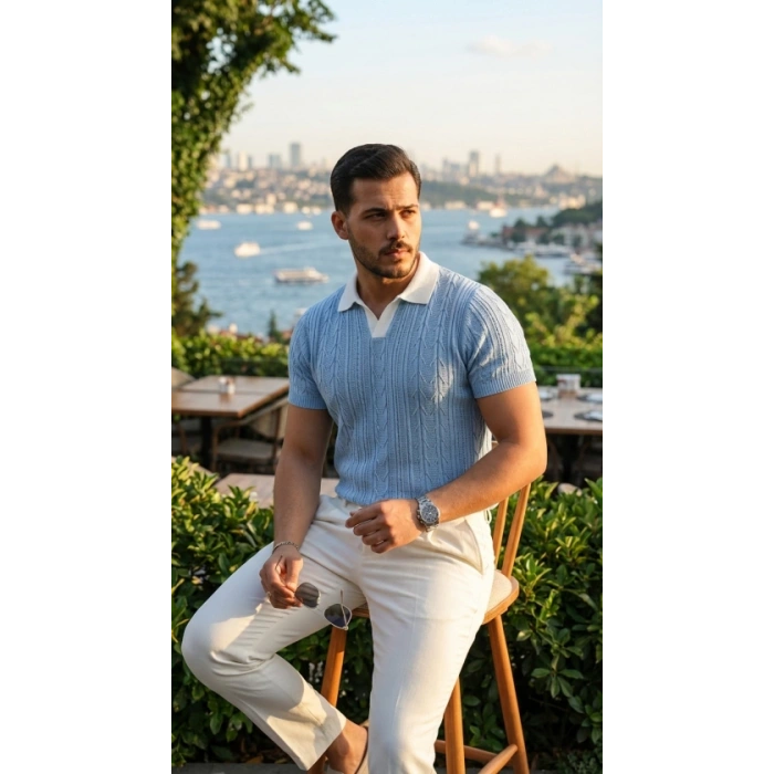 Erkek Desenli Kısa Kollu Triko Tişört - %100 Pamuk Akrilik