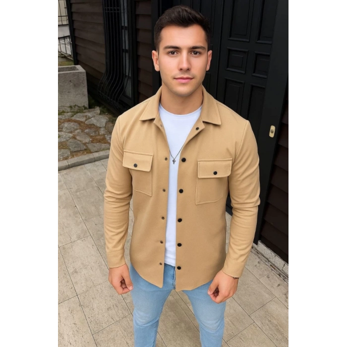 Erkek Diagonal Kumaş Cepli Çıtçıtlı Uzun Kollu, Gömlek Oversize Rahat Kalıp Günlük Şık Stil - Bej
