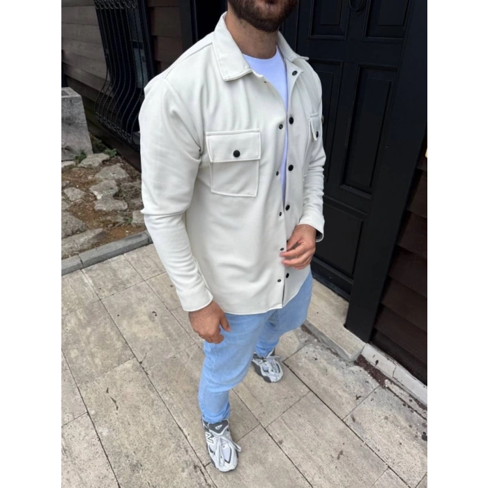 Erkek Diagonal Kumaş Cepli Çıtçıtlı Uzun Kollu, Gömlek Oversize Rahat Kalıp Günlük Şık Stil - Beyaz