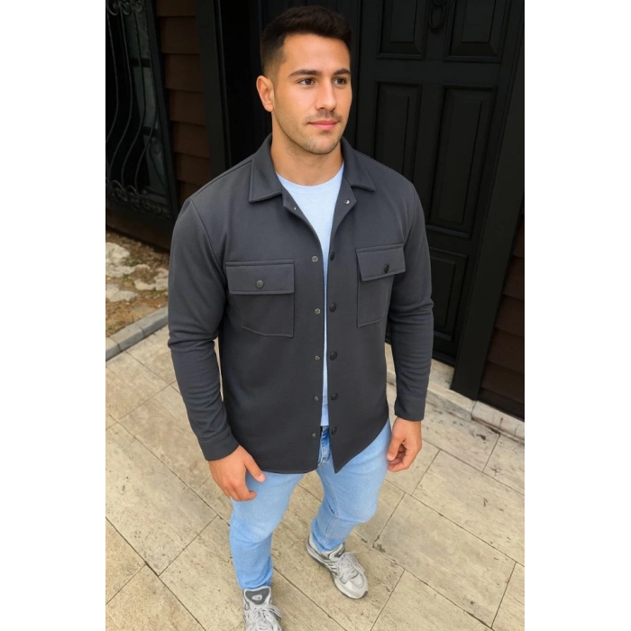 Erkek Diagonal Kumaş Cepli Çıtçıtlı Uzun Kollu, Gömlek Oversize Rahat Kalıp Günlük Şık Stil - Füme