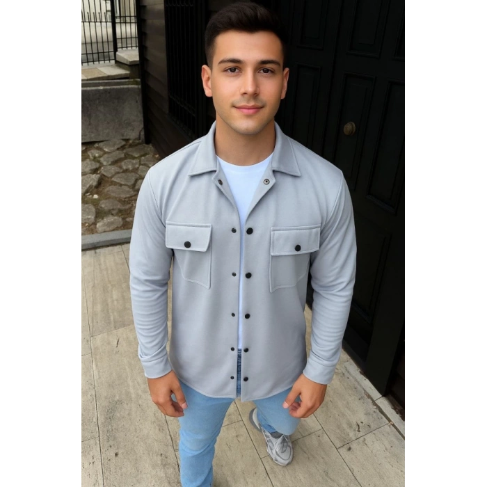 Erkek Diagonal Kumaş Cepli Çıtçıtlı Uzun Kollu, Gömlek Oversize Rahat Kalıp Günlük Şık Stil - Gri