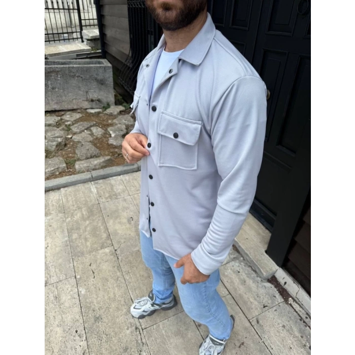 Erkek Diagonal Kumaş Cepli Çıtçıtlı Uzun Kollu, Gömlek Oversize Rahat Kalıp Günlük Şık Stil - Gri