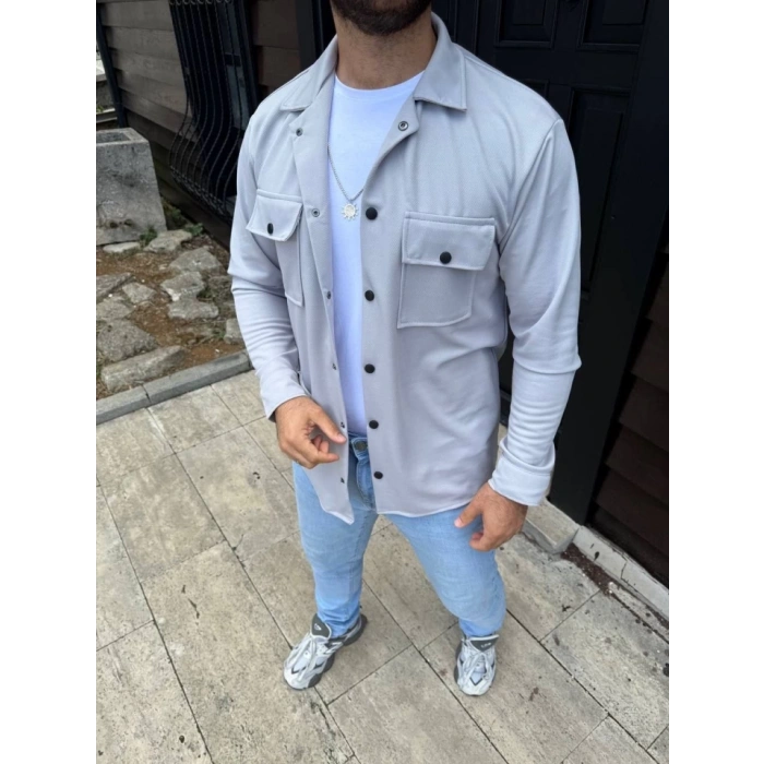 Erkek Diagonal Kumaş Cepli Çıtçıtlı Uzun Kollu, Gömlek Oversize Rahat Kalıp Günlük Şık Stil - Gri