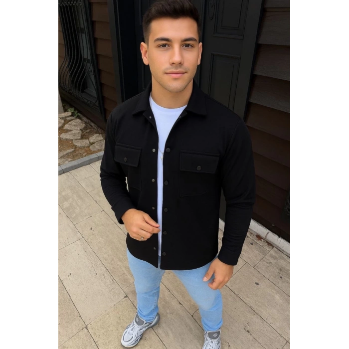 Erkek Diagonal Kumaş Cepli Çıtçıtlı Uzun Kollu, Gömlek Oversize Rahat Kalıp Günlük Şık Stil - Siyah